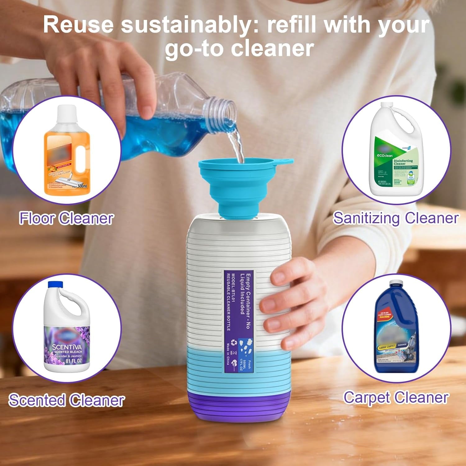 Sunbat Reusable Mop Refill Bottle, 500ML / 17 FL.OZ Container, with 6 Leak-Proof Seal & 1 Funnel
