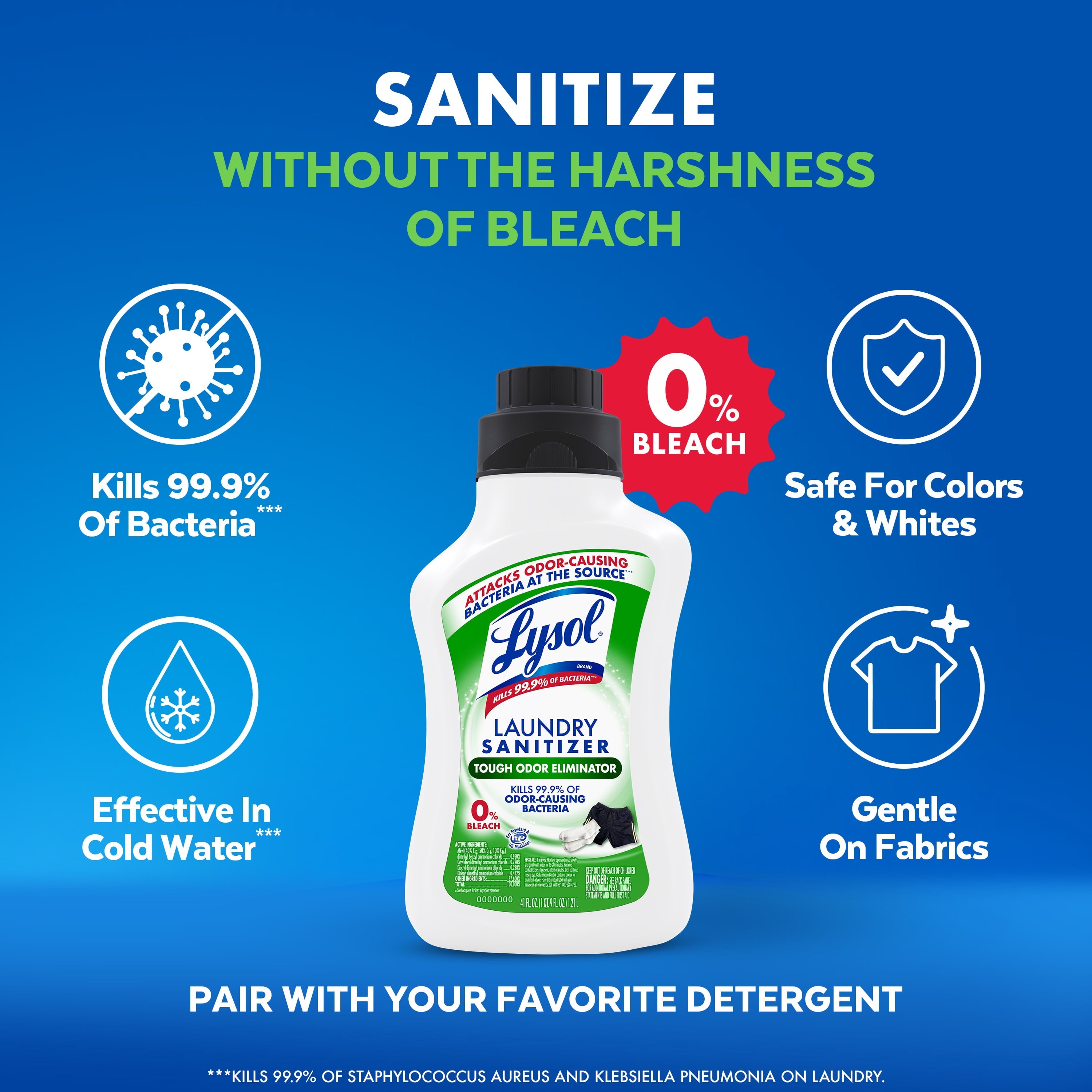 Lysol Tough Odor Eliminator Laundry Sanitizer Additive, 0% Bleach, Eliminates Odor Causing Bacteria, 41 fl oz