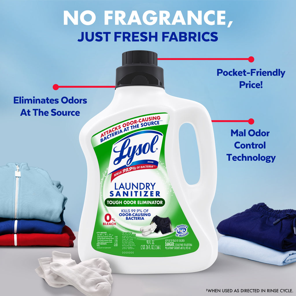 Lysol Tough Odor Eliminator Laundry Sanitizer Additive, 0% Bleach, Eliminates Odor Causing Bacteria, 41 fl oz