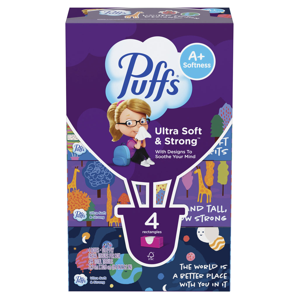 Puffs Ultra Soft Facial Tissues, Back-to-School Exclusive, 4 Rectangle Boxes, 124 Facial Tissues Per Box