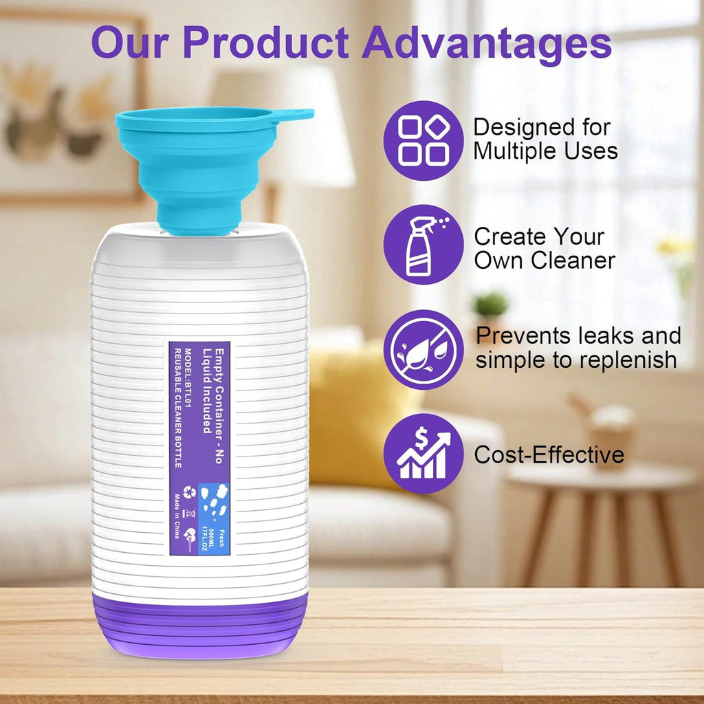Sunbat Reusable Mop Refill Bottle, 500ML / 17 FL.OZ Container, with 6 Leak-Proof Seal & 1 Funnel