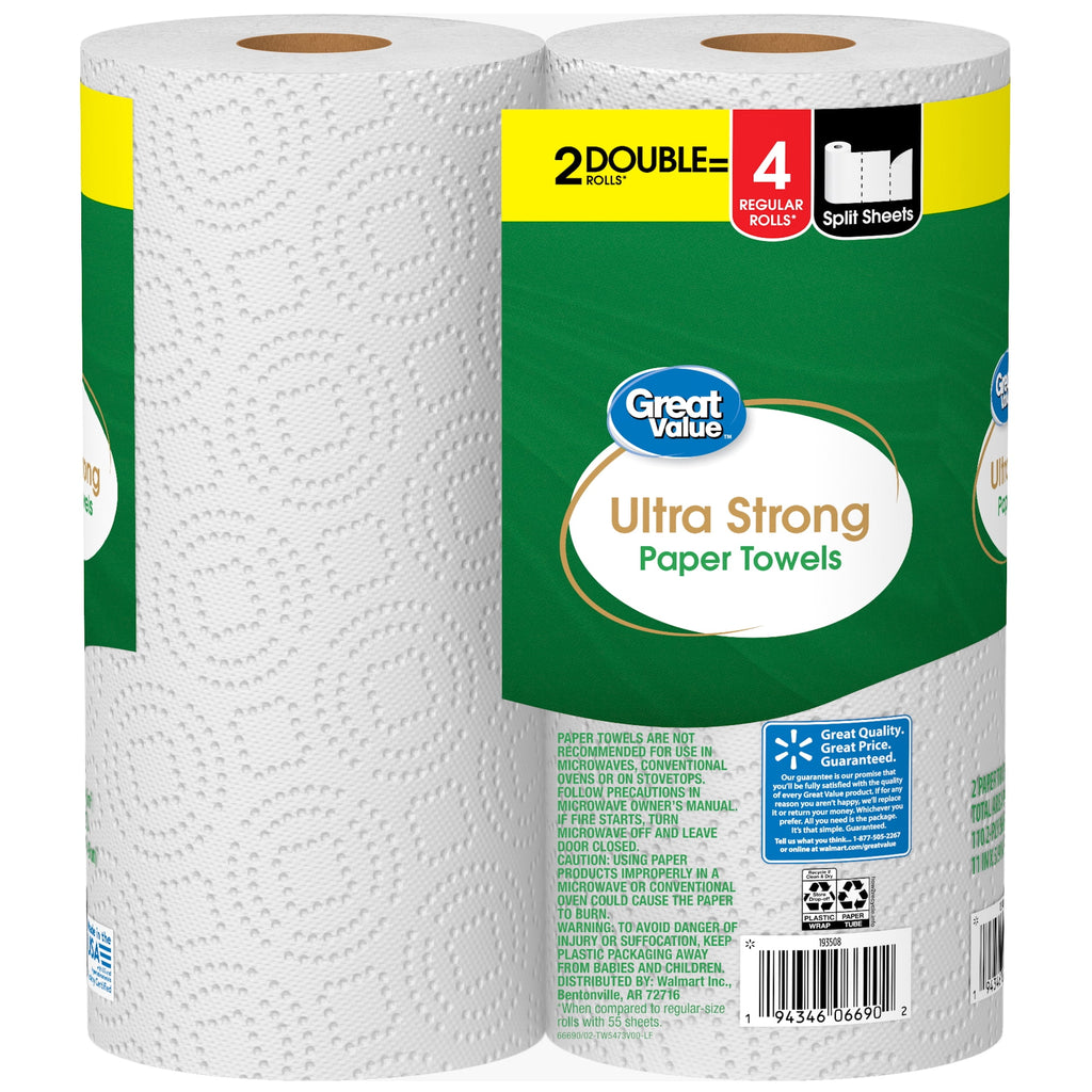 Great Value Ultra Strong Paper Towels, White, 12 Double Rolls, 1320 Sheets