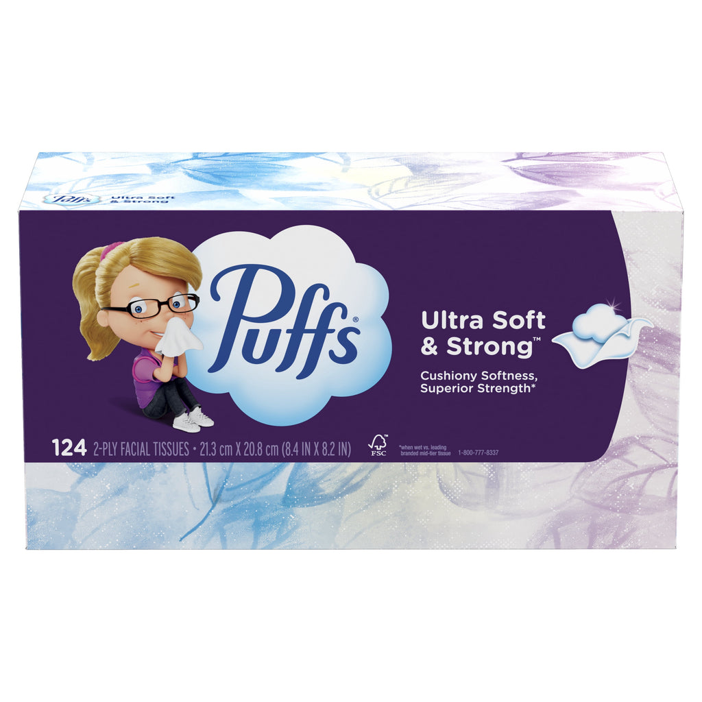 Puffs Ultra Soft Facial Tissues, Back-to-School Exclusive, 4 Rectangle Boxes, 124 Facial Tissues Per Box