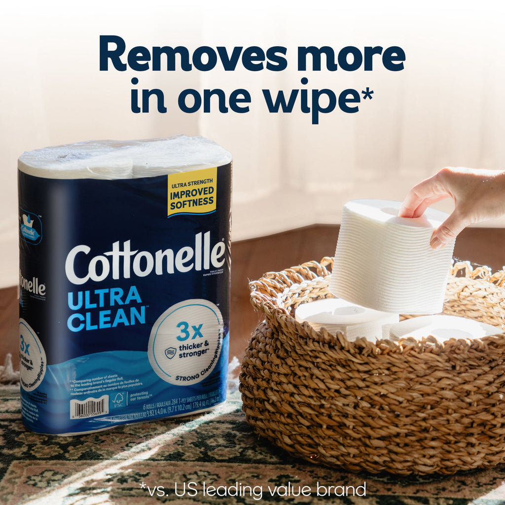 Cottonelle Ultra Clean Toilet Paper, Strong Toilet Tissue, 12 Mega Rolls