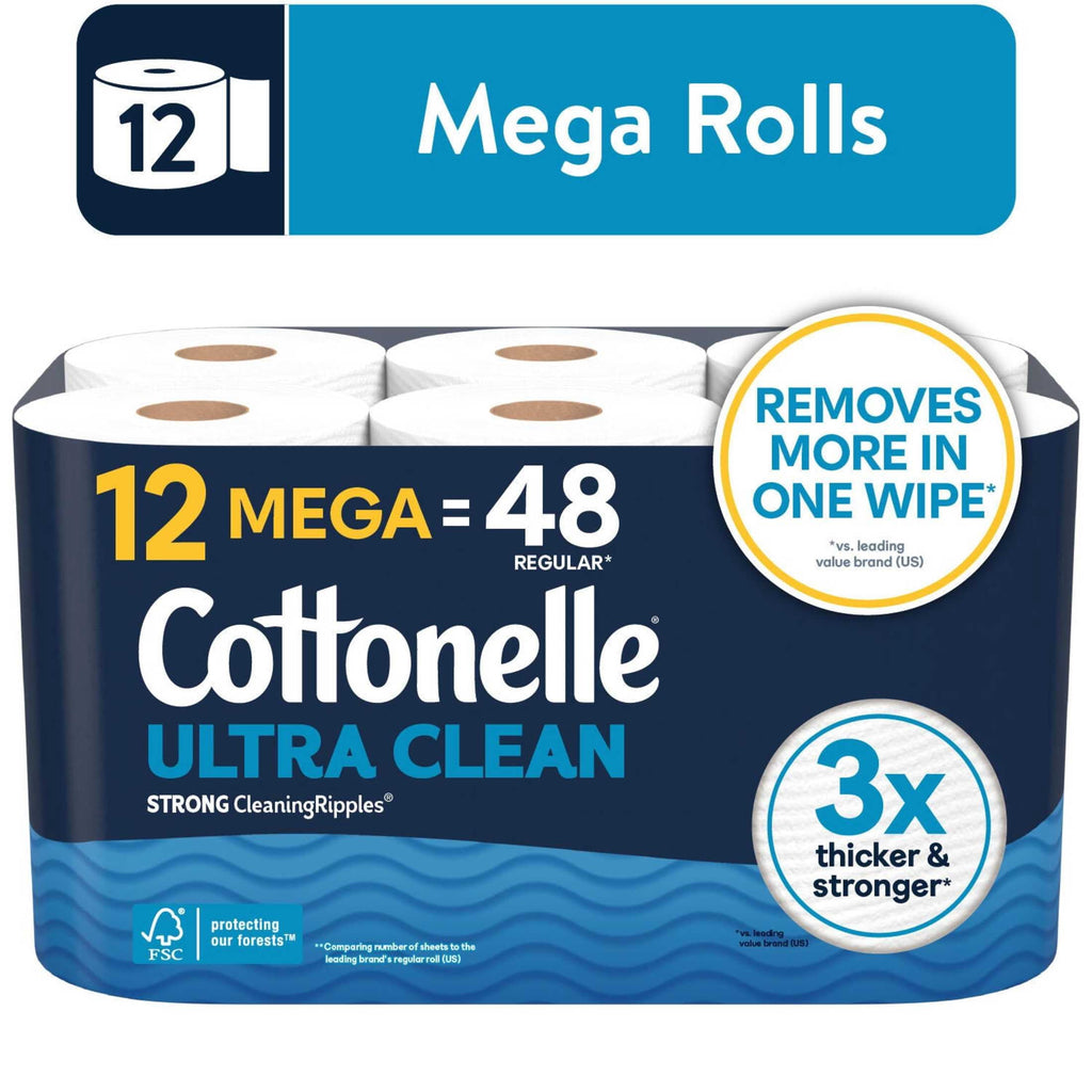 Cottonelle Ultra Clean Toilet Paper, Strong Toilet Tissue, 12 Mega Rolls