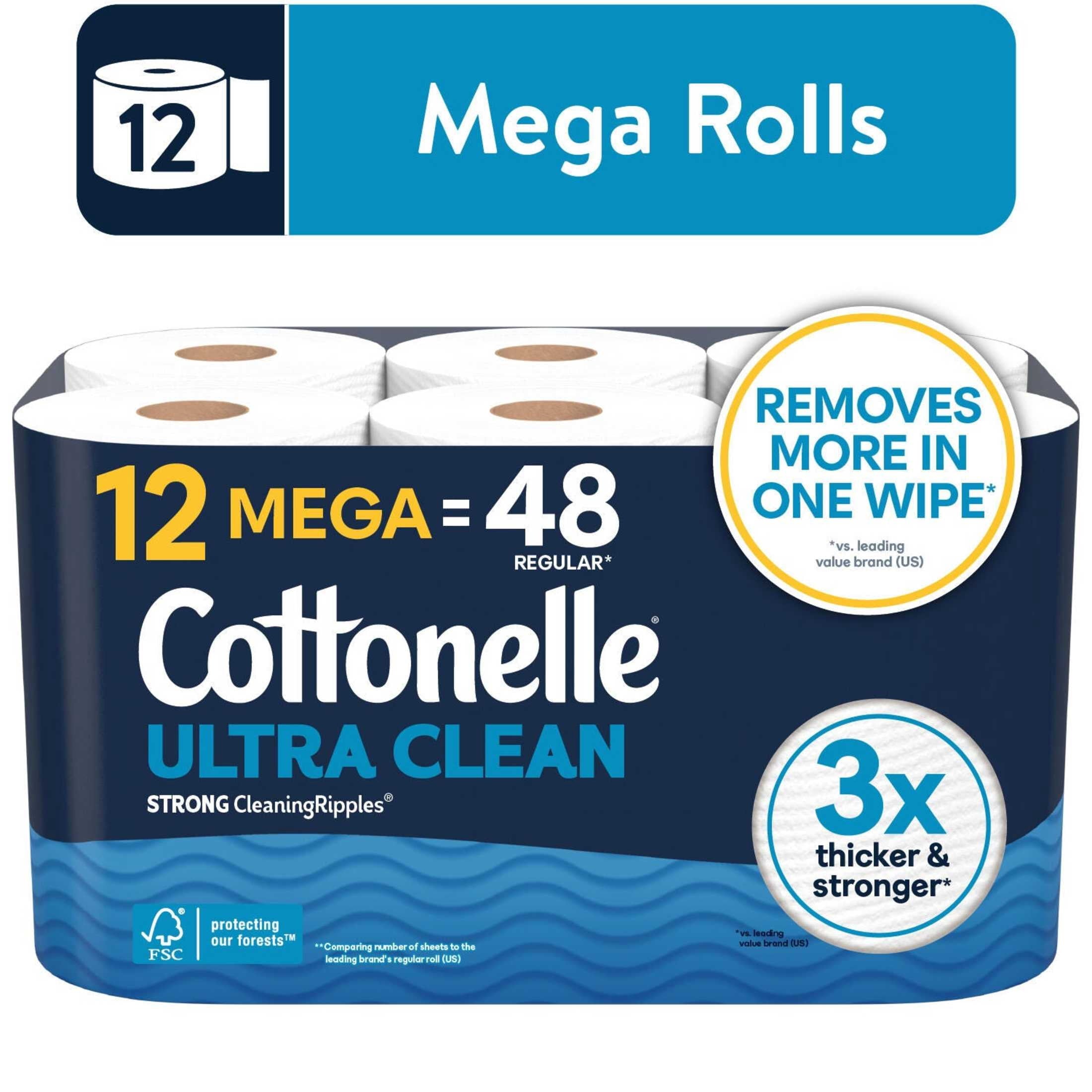 Cottonelle Ultra Clean Toilet Paper, Strong Toilet Tissue, 12 Mega Rolls