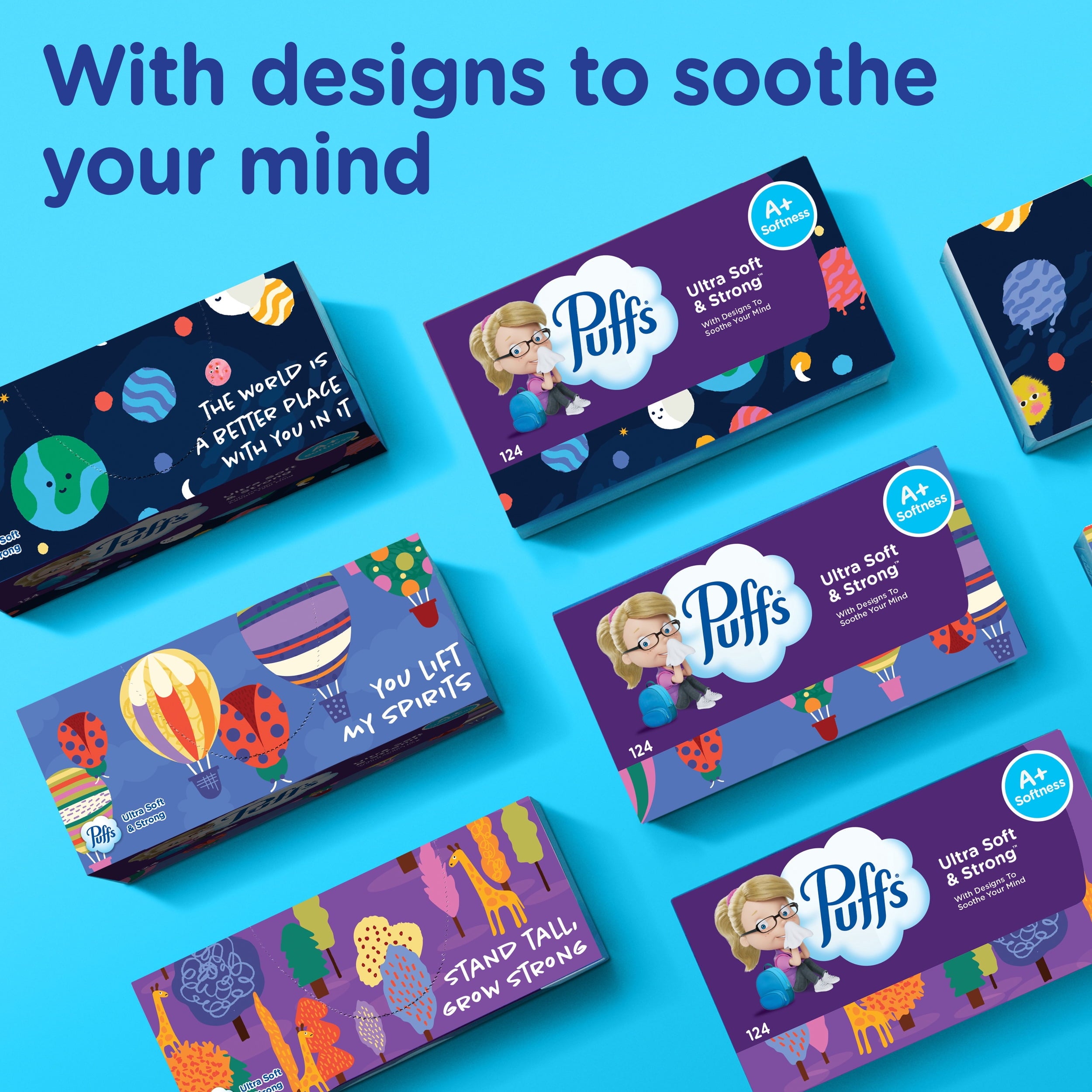 Puffs Ultra Soft Facial Tissues, Back-to-School Exclusive, 4 Rectangle Boxes, 124 Facial Tissues Per Box
