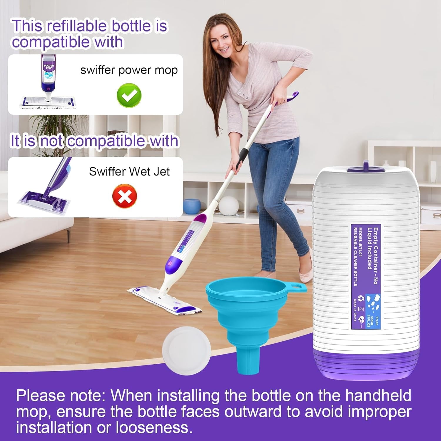 Sunbat Reusable Mop Refill Bottle, 500ML / 17 FL.OZ Container, with 6 Leak-Proof Seal & 1 Funnel