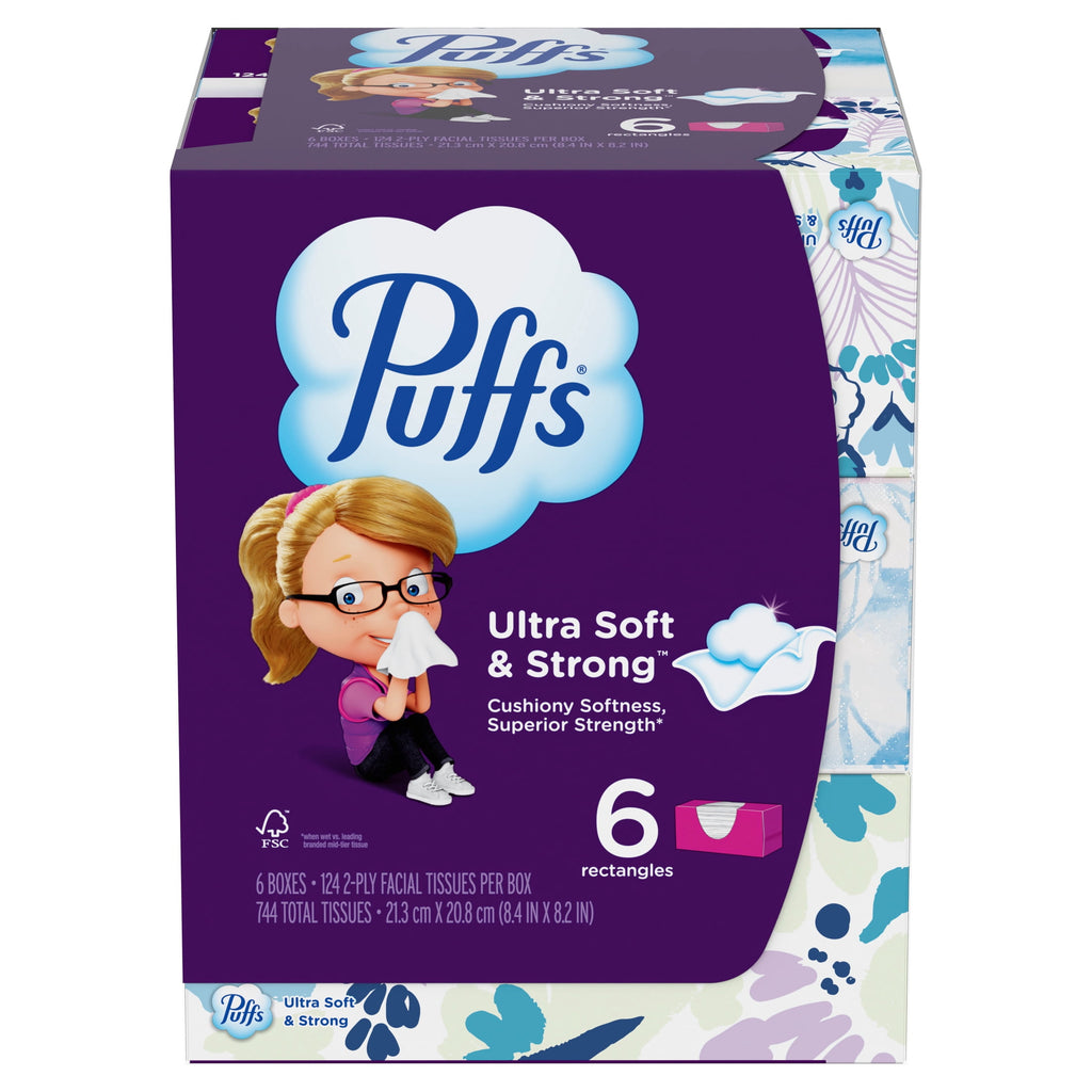 Puffs Ultra Soft Facial Tissues, Back-to-School Exclusive, 4 Rectangle Boxes, 124 Facial Tissues Per Box