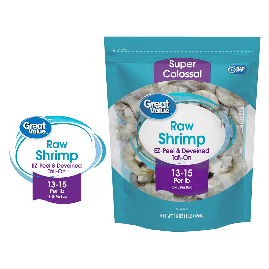 Great Value Frozen Raw Super Colossal Shell-on Tail-on Easy Peel Shrimp, 16 oz Bag (13-15 Count per lb)